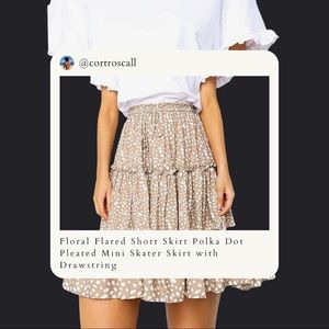 Floral Flared Short Skirt Polka Dot Pleated Mini Skater Skirt with Drawstring